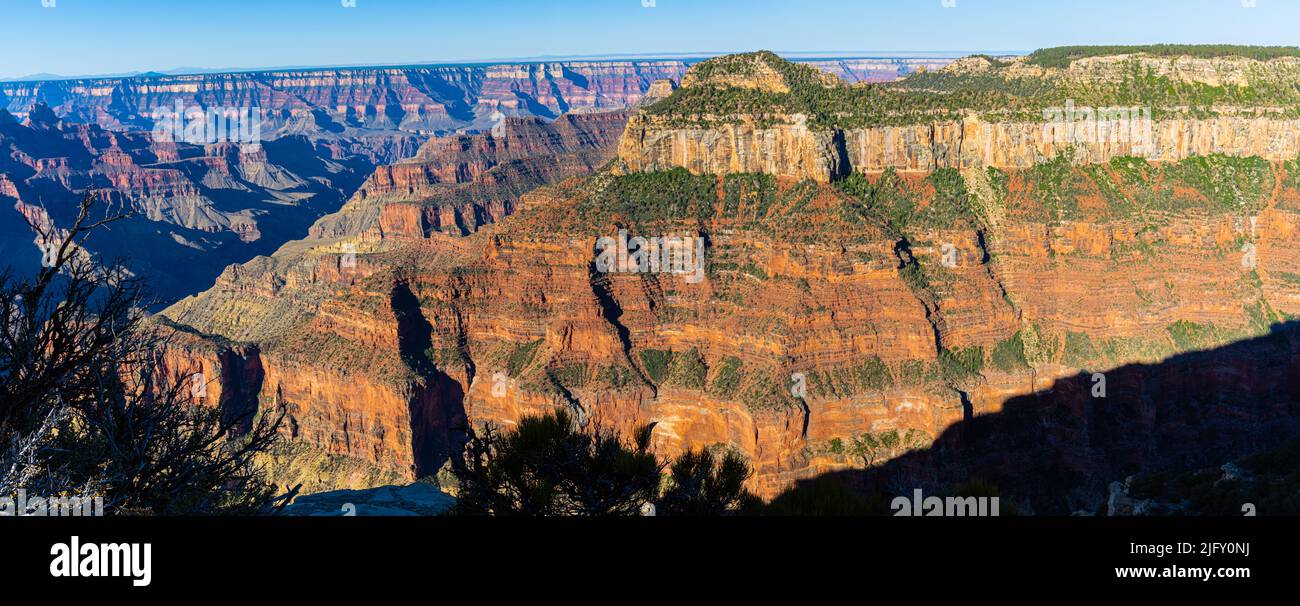 Oza Butte e Manu Temple oltre la sporgenza di calcare Kaibab, Bright Angel Point Trail, North Rim, Grand Canyon National Park, Arizona, Stati Uniti Foto Stock