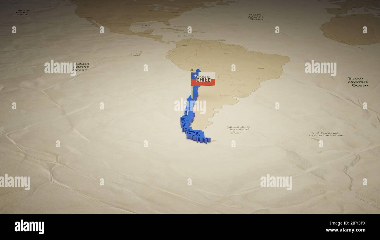 Mappa del Cile con bandiera sulla mappa del mondo sfondo 3D rendering. Foto Stock