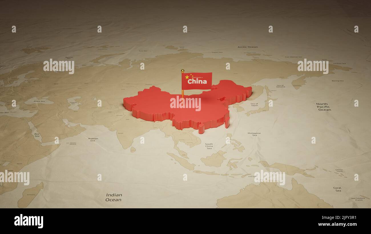Mappa della Cina con bandiera sulla mappa del mondo sfondo 3D rendering. Foto Stock