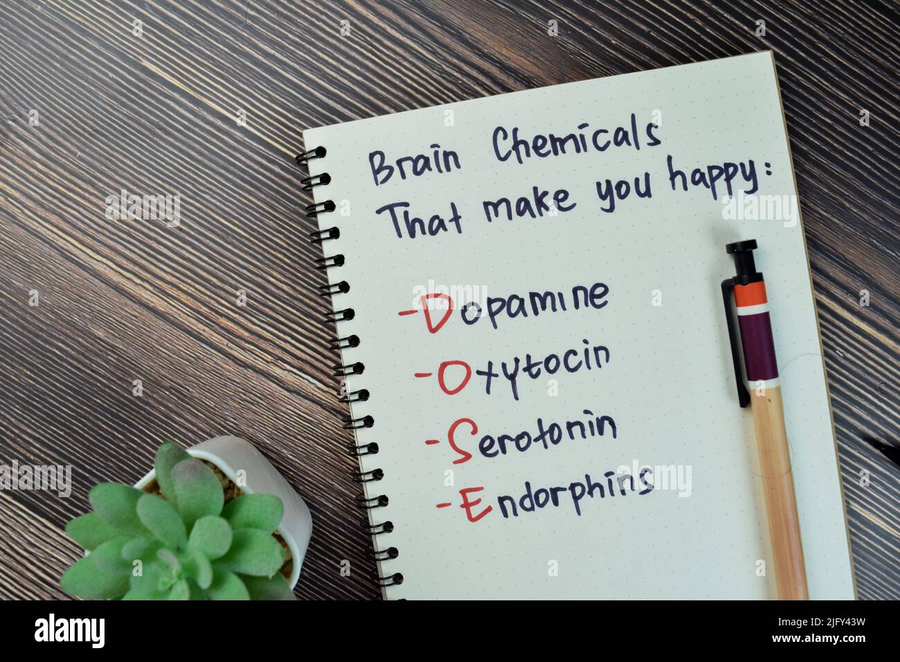 Concetto di DOSE - dopamina, ossitocina, serotonina, endorfine scrivere su un libro isolato su tavola di legno. Foto Stock