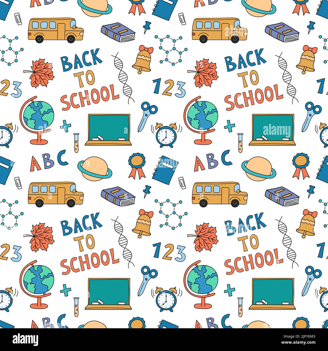 Schema scolastico. Elementi di doodle disegnati a mano. Scuola background senza interruzioni con lettere e materiale didattico, accessori. Illustrazione vettoriale Illustrazione Vettoriale