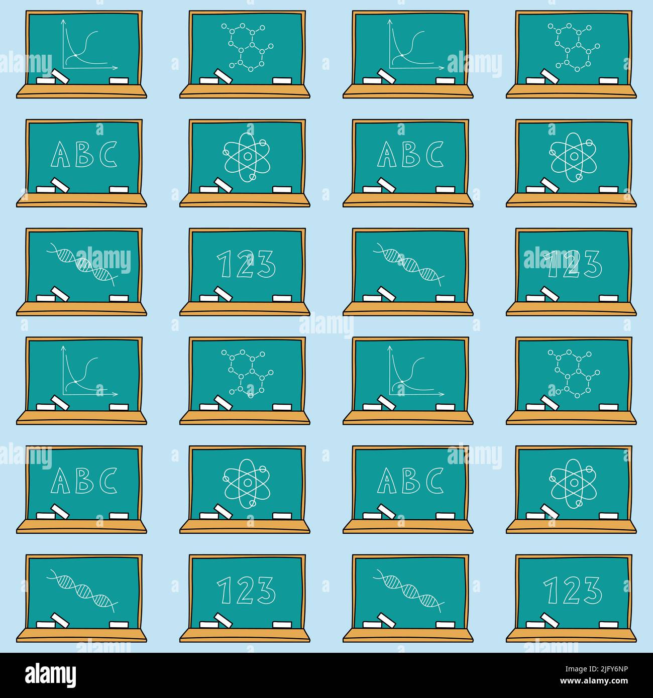 Modello di scuola di doodle. Tavola disegnata a mano con gesso e simboli scritti, lettere e numeri. Background perfetto per la scuola. Illustrazione vettoriale. Illustrazione Vettoriale