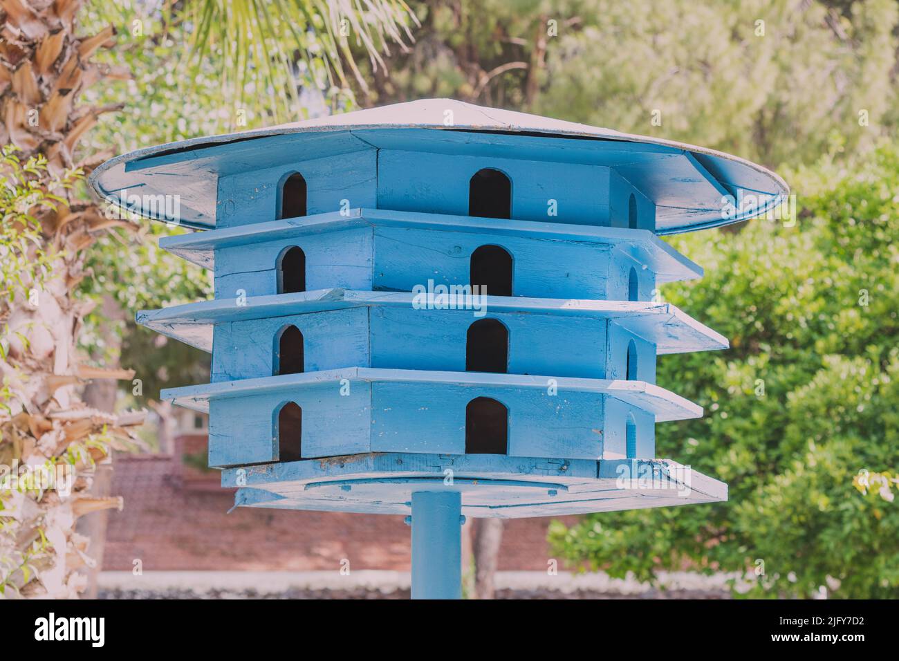 Colombaia in legno nel parco cittadino. Prendersi cura di animali e uccelli Foto Stock