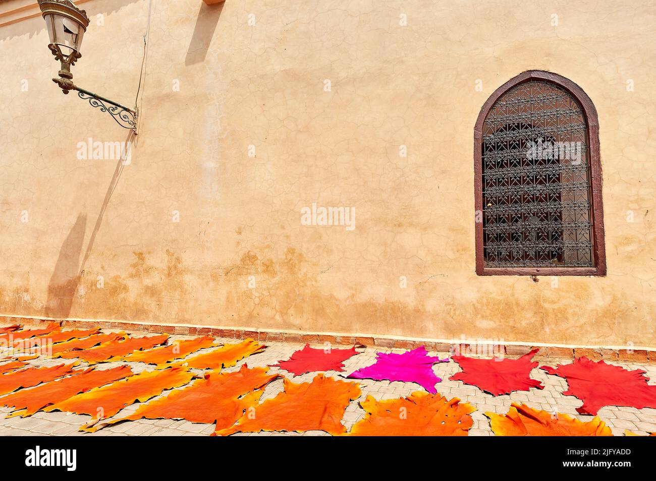 Marocco Marrakech. Pelle colorata che asciuga al sole Foto Stock
