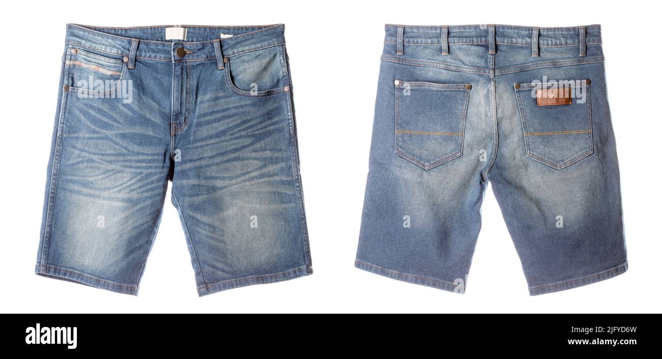 Lato anteriore e posteriore dei nuovi jeans blu uomo isolati su sfondo bianco Foto Stock