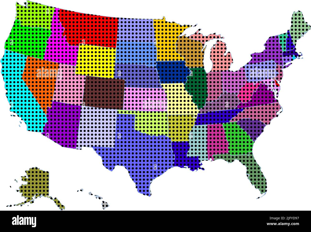 Icona vettore mezzitoni mappa USA. Lo stile dell'illustrazione è punteggiato simbolo icona USA Map su sfondo bianco. La trama a mezzitoni è puntini rotondi. Illustrazione Vettoriale