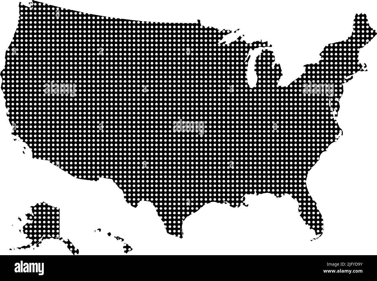 Icona vettore mezzitoni mappa USA. Lo stile dell'illustrazione è punteggiato simbolo icona USA Map su sfondo bianco. La trama a mezzitoni è puntini rotondi. Illustrazione Vettoriale
