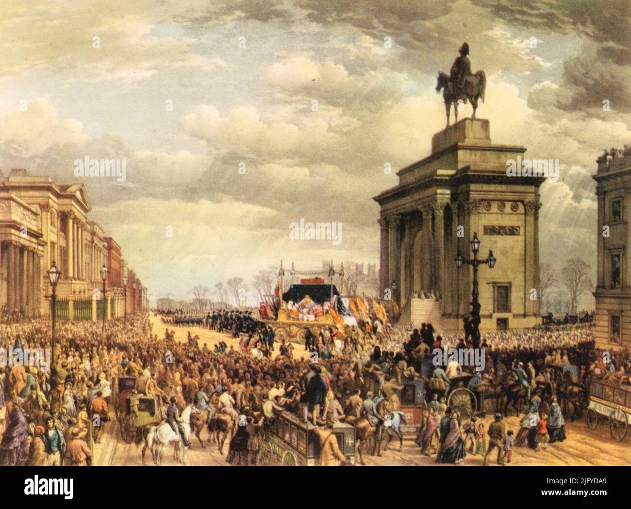 Funerali del Duca di Wellington, 1852. Di Thomas Ashburton Picken (c1818-1891), dopo Louis Haghe (1806-1885). Il funerale di Arthur Wellesley, 1st Duca di Wellington (1769-1852), soldato anglo-irlandese e statista di Tory. Uno dei principali esponenti politici e militari della Gran Bretagna del 19th secolo, è stato due volte primo ministro del Regno Unito. Il suo funerale ebbe luogo il 18th novembre 1852. Prima del funerale, il corpo del duca si posò in stato al Royal Hospital Chelsea. Foto Stock