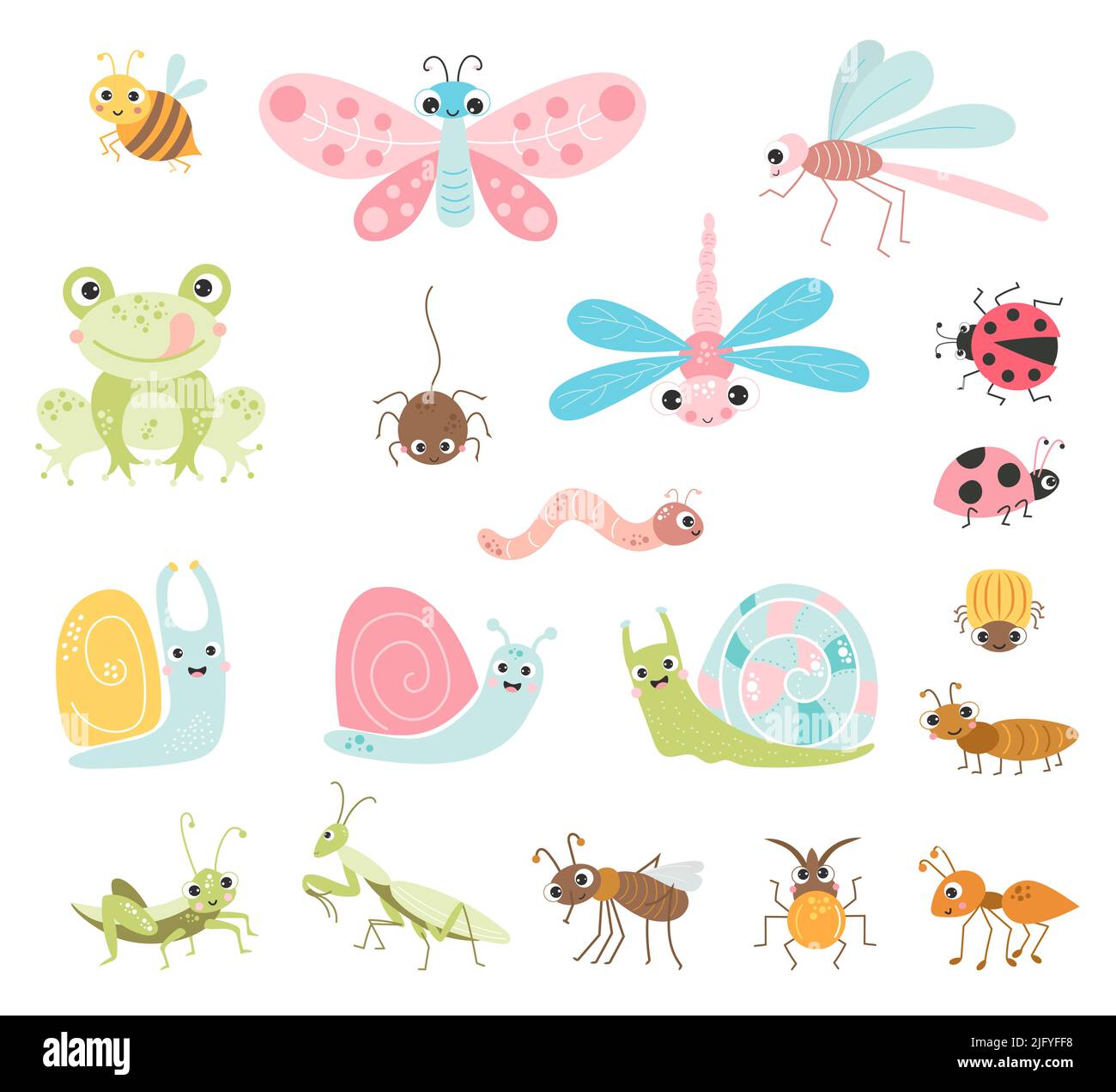 Set vettoriale di insetti carini. Personaggi divertenti di insetti, scarabei e artropodi invertebrati, volanti e striscianti, benefici e parassiti. Isolato elem Illustrazione Vettoriale