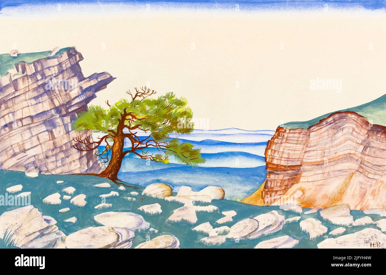 Nicholas Roerich, set design, per il balletto 'il Rito di Primavera' (le Sacre du Printemps) di Igor Stravinsky, dipinto a tempera su tela, prima del 1947 Foto Stock