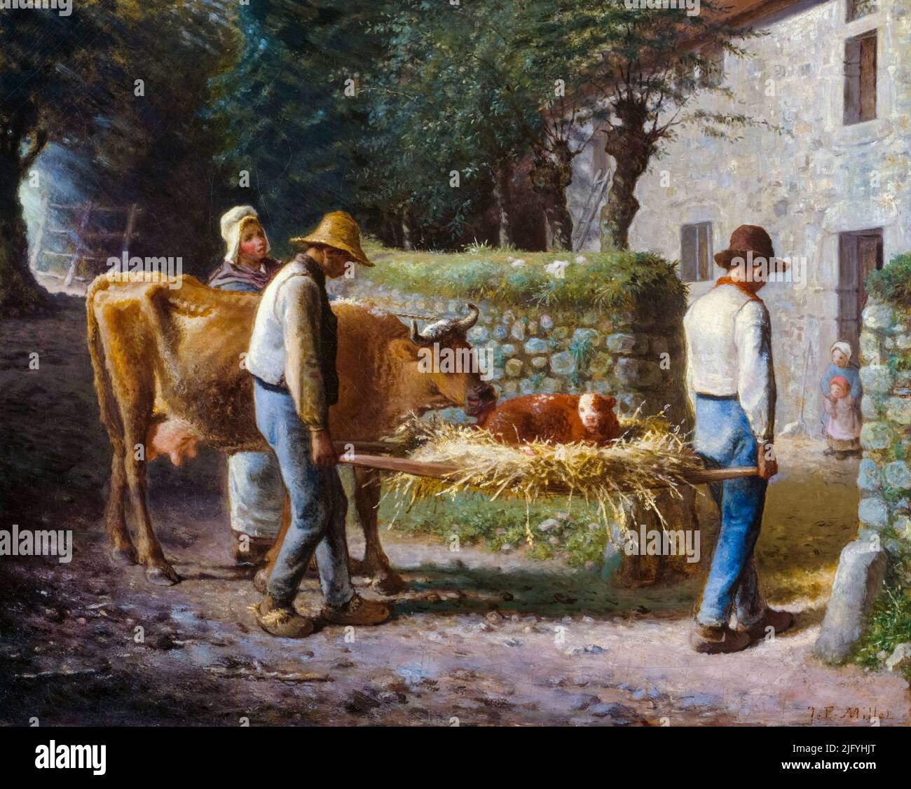 Jean Francois Millet, pittura, contadini che portano a casa un vitello nato nei campi, olio su tela, 1864 Foto Stock