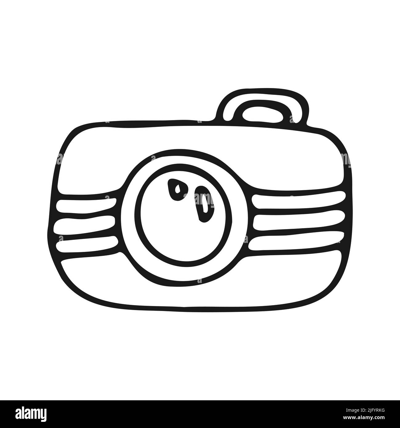 Fotocamera in stile doodle. Attrezzatura fotografica. Disegno vettoriale in bianco e nero. Illustrazione Vettoriale