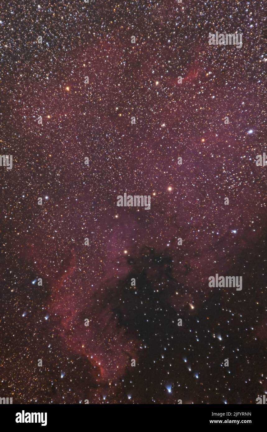 La nebulosa del Nord America nella costellazione di Cygnus, fotografata con un riflesso a spettro intero. Grafico stelle cielo notturno Foto Stock