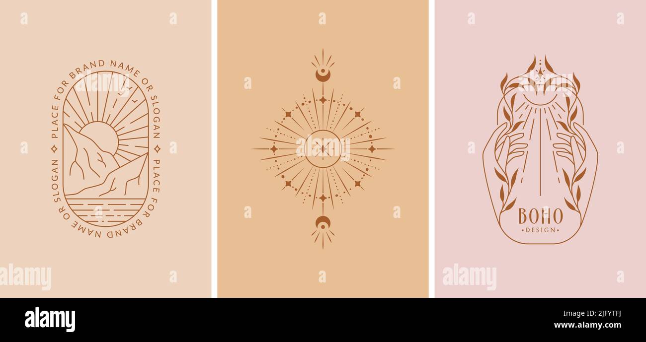 Logo boho. Emblemi trendy per astrologo, mago, naturopata, erborista, lettore di tarocchi, mezzo spirituale, guaritore, bellezza, esoterico, viaggio, ritiro Illustrazione Vettoriale