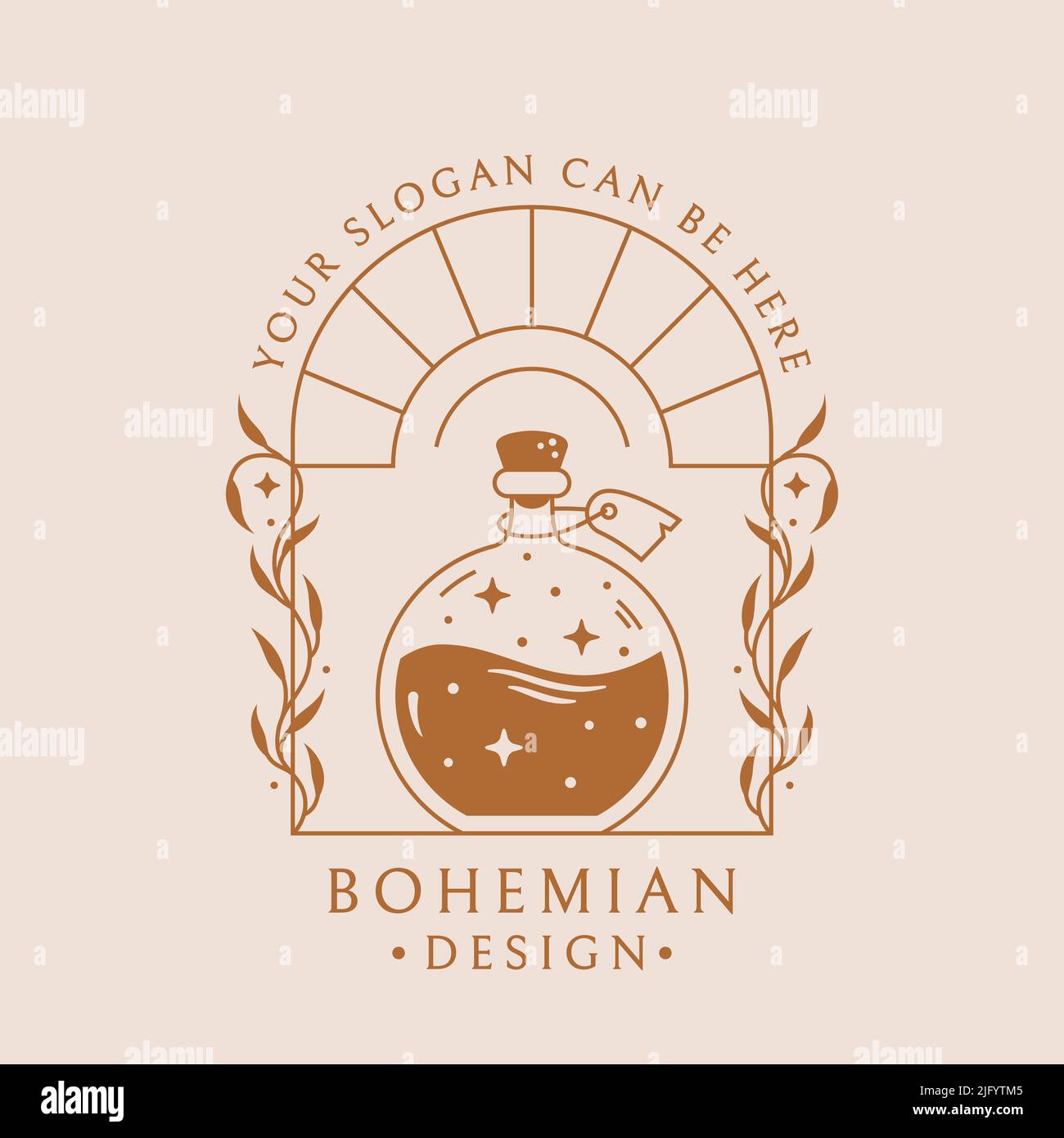 Pozione boho logo. Emblema alla moda per la guarigione botanica, aromaterapia, oli essenziali, erbe medicinali, omeopatia, Prodotto di bellezza naturale, ecc Vector Illustrazione Vettoriale