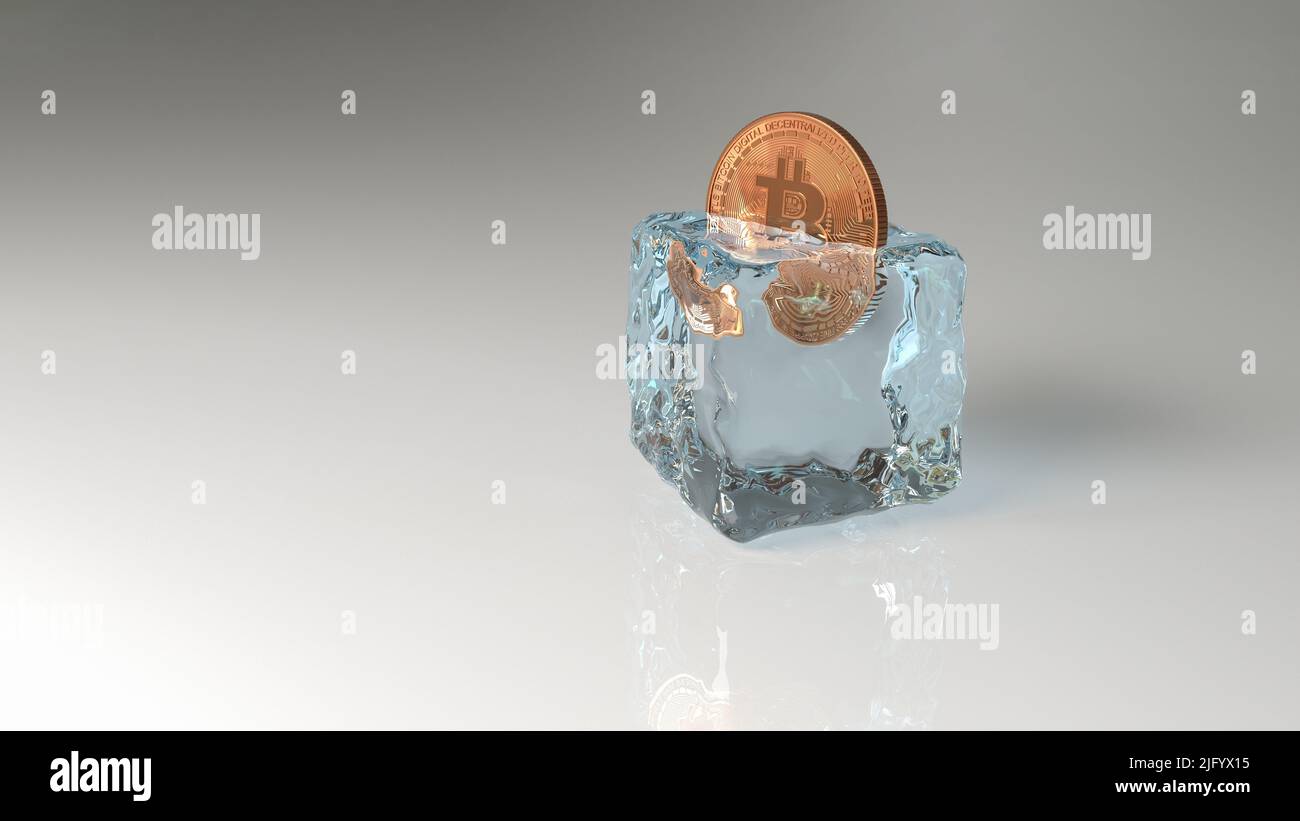 3D rendering - moneta bitcoin souvenir mezzo congelato in un cubetto di ghiaccio. Foto Stock