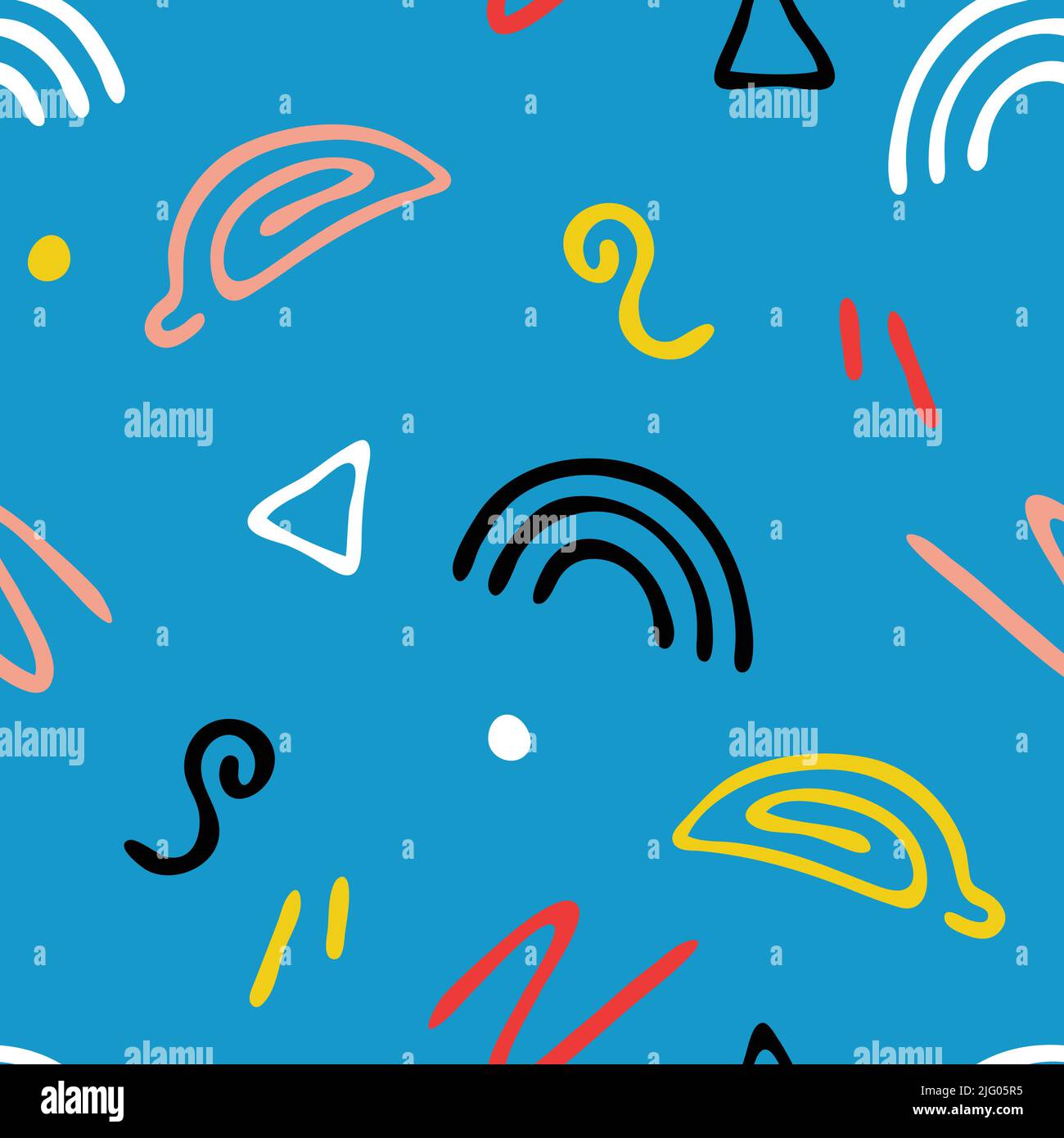 Pattern vettoriale senza cuciture con divertenti scarabocchi su sfondo blu. Design semplice della carta da parati disegnata a mano. Tessuto decorativo pop fashion. Illustrazione Vettoriale