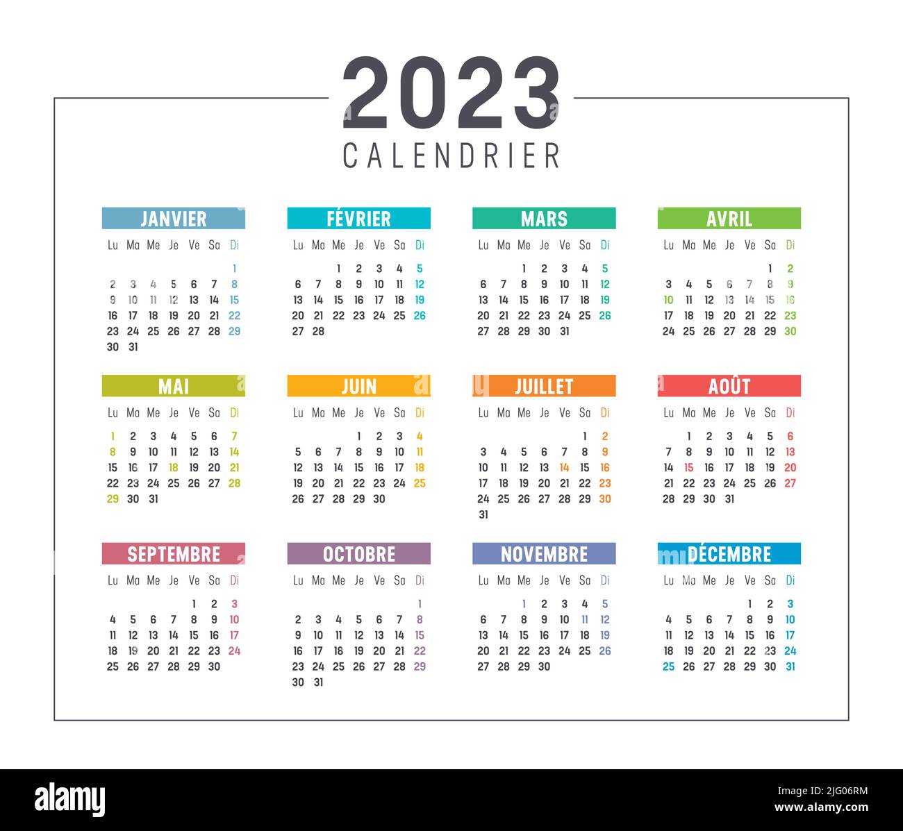 Calendario colorato dell'anno 2023, in lingua francese isolato su sfondo bianco. Modello vettoriale. Illustrazione Vettoriale