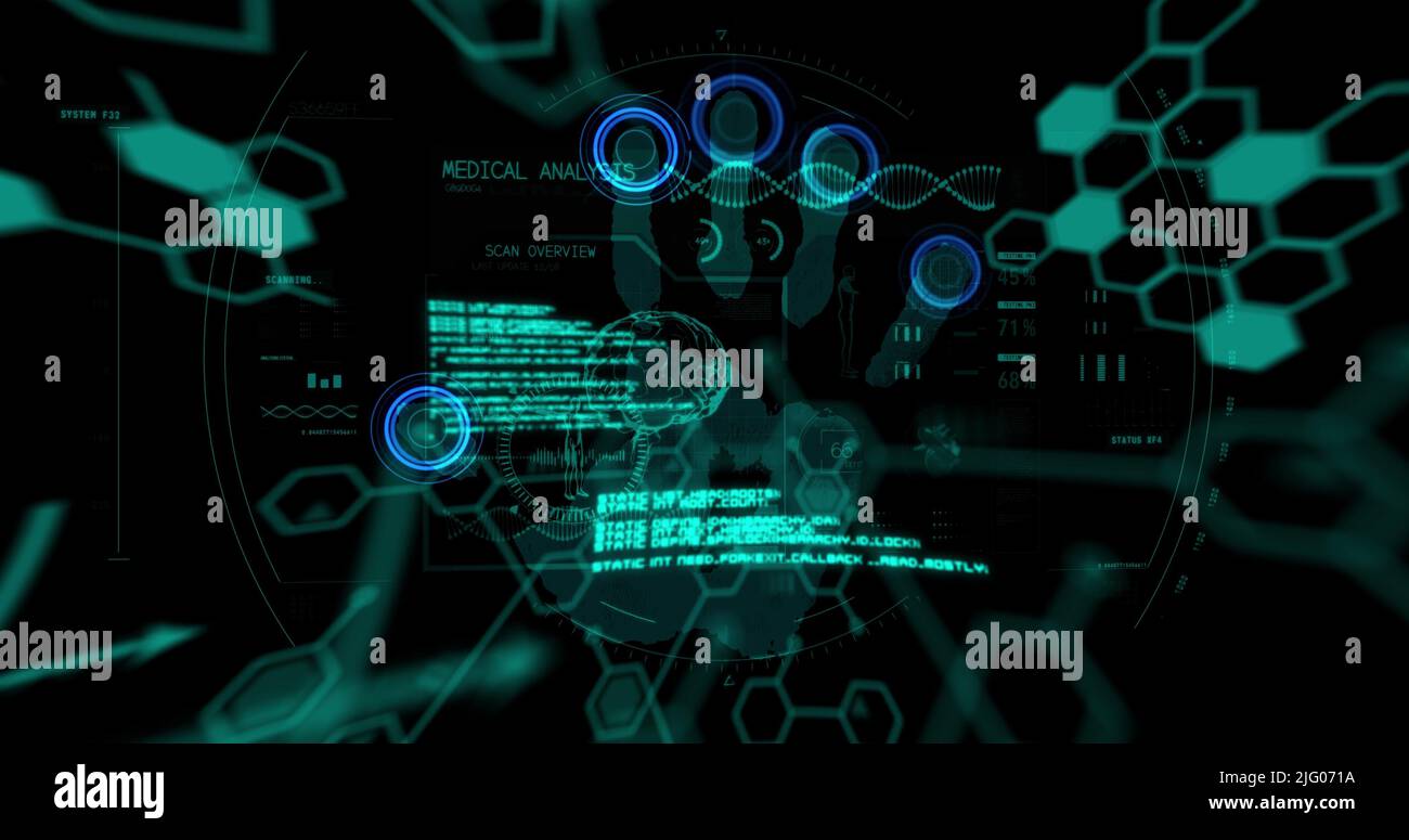 Immagine delle formule chimiche e dell'elaborazione dei dati su impronte digitali su sfondo nero Foto Stock