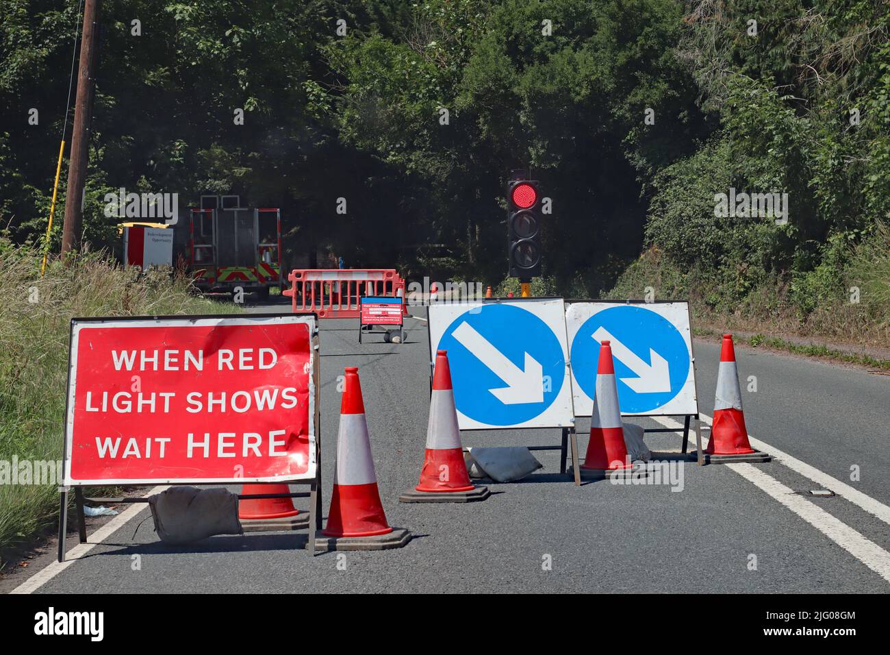 In attesa di un semaforo rosso in corrispondenza di lavori stradali controllati dal semaforo in Somerset, Inghilterra. Nessun traffico si avvicina dalla direzione opposta Foto Stock