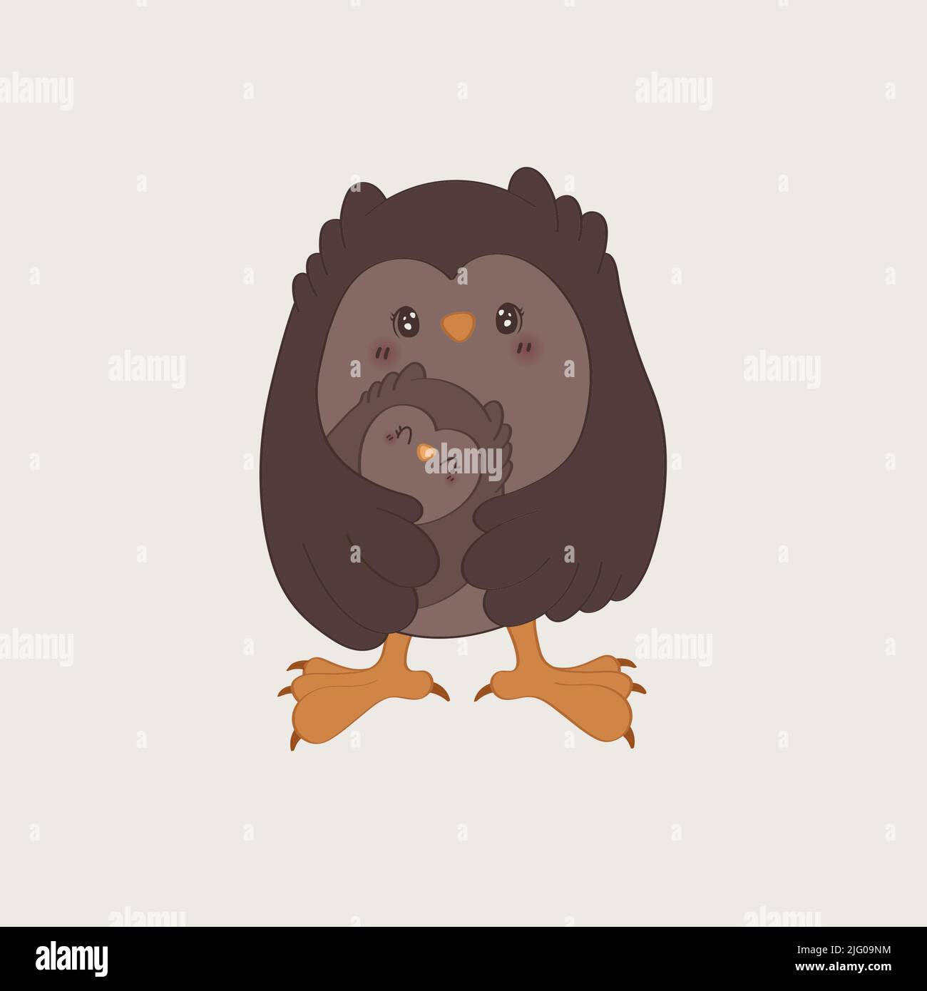 Cute Owl Clipart isolato su sfondo bianco. Simpatico gufo con il bambino. Illustrazione vettoriale di un uccello per gli adesivi, invito dell'acquazzone del bambino Illustrazione Vettoriale