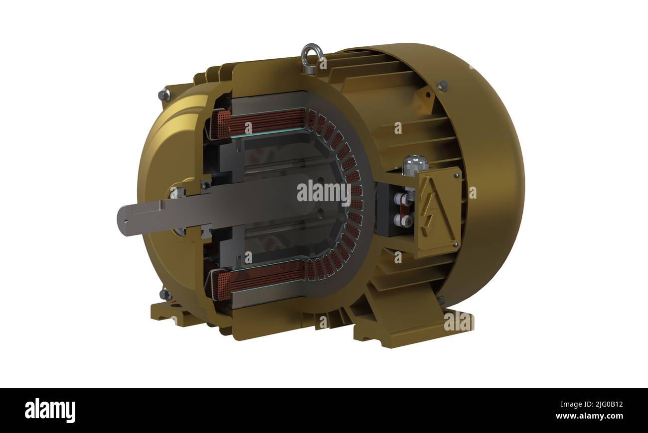 Generatore elettrico con magneti a rotore permanente, vista esplosa, 3D rendering Foto Stock
