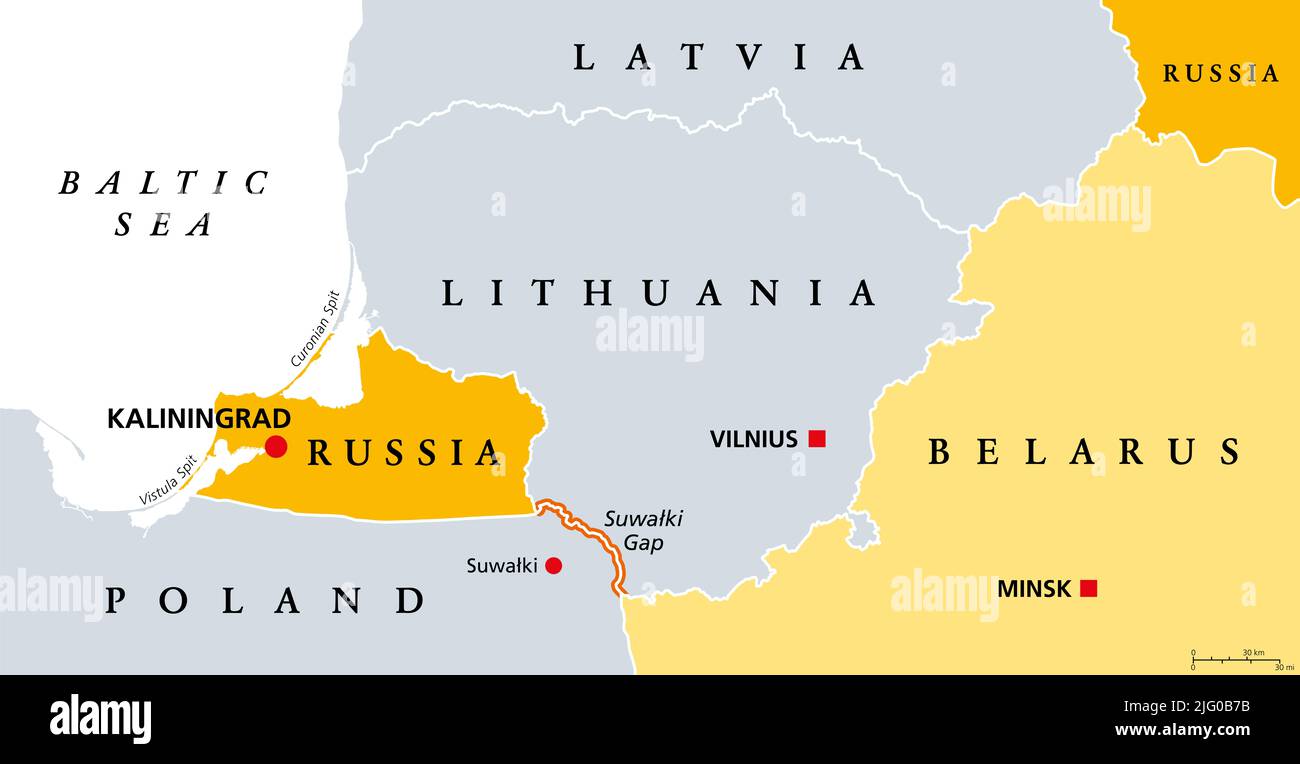 Suwalki Gap, mappa politica. Noto anche come Corridoio Suwalki, il confine che parte dall'esclave russo Kaliningrad Oblast alla Bielorussia. Foto Stock