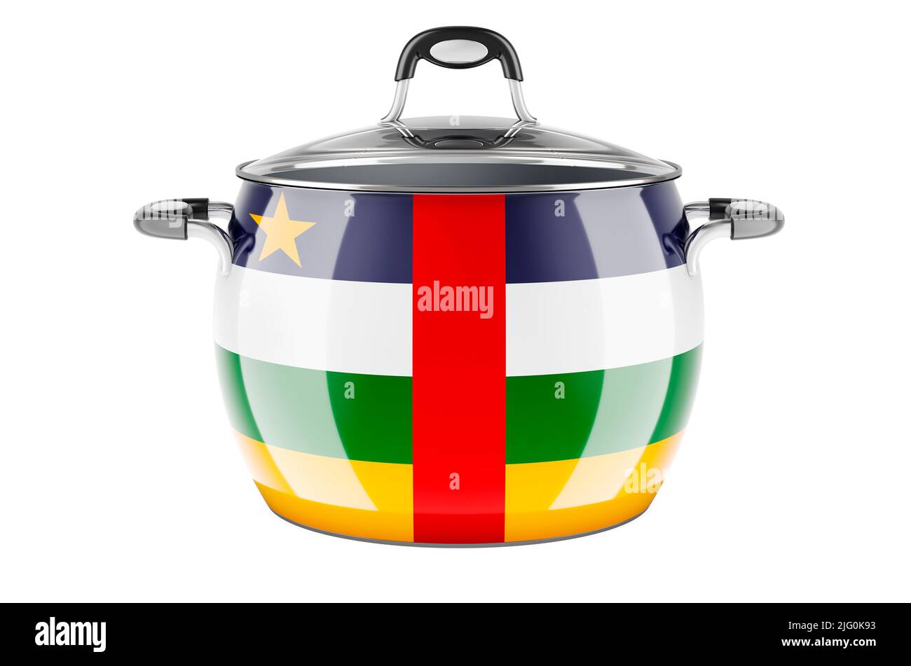 Concetto di cucina nazionale della Repubblica Centrafricana. Bandiera della Repubblica Centrafricana dipinta sulla pentola di acciaio inossidabile. 3D rendering isolato su wh Foto Stock