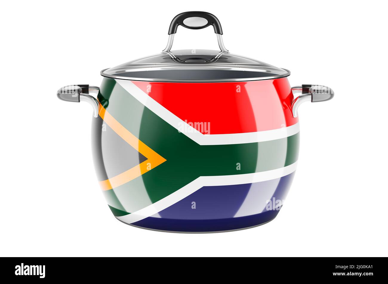 Cucina nazionale sudafricana. Bandiera sudafricana dipinta sulla pentola in acciaio inossidabile. 3D rendering isolato su sfondo bianco Foto Stock