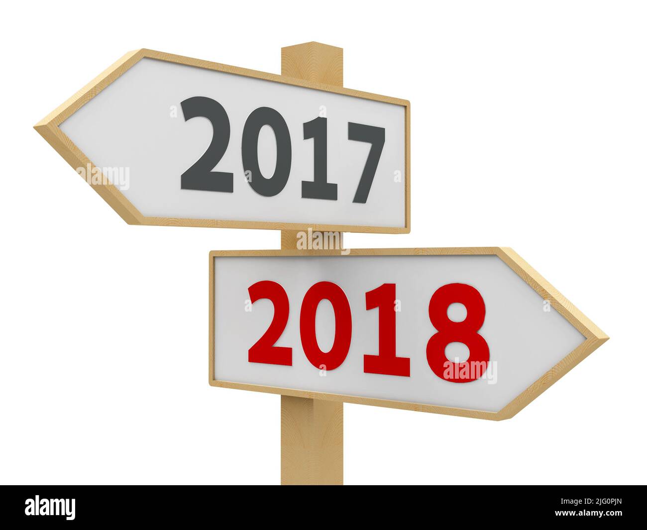 Il cartello stradale con cambio 2017-2018 su sfondo bianco rappresenta il nuovo 2018, rendering tridimensionale, illustrazione 3D Foto Stock