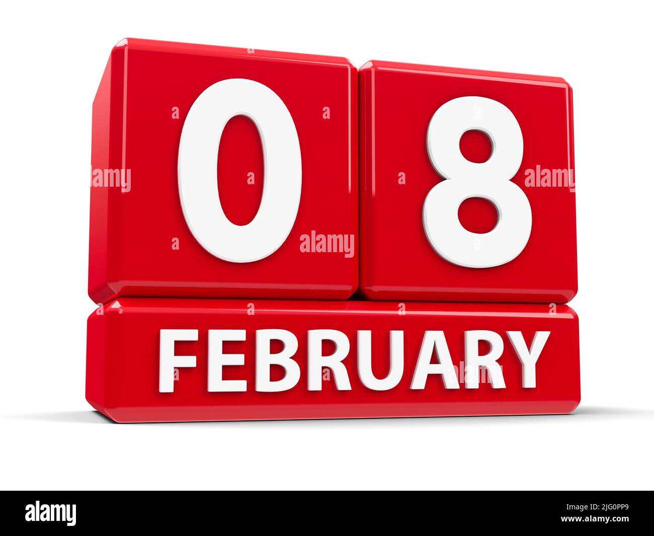 Cubi rossi - l'ottavo di febbraio - su un tavolo bianco, rendering tridimensionale, illustrazione 3D Foto Stock