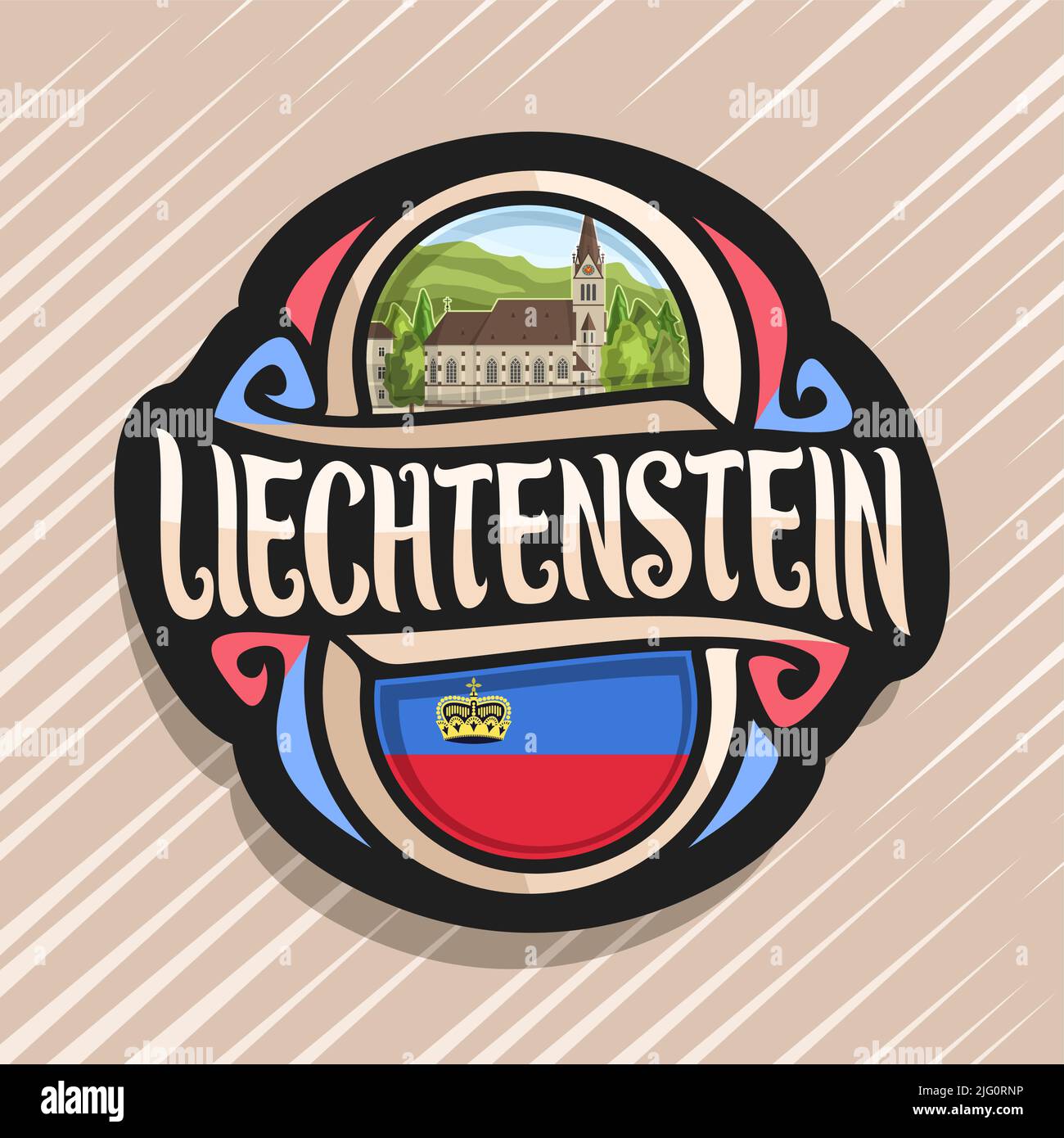 Il logo del vettore per il principato di Liechtenstein, frigo magnete con flag di stato, spazzola originale carattere tipografico per word liechtenstein, simbolo nazionale - Cathed Illustrazione Vettoriale