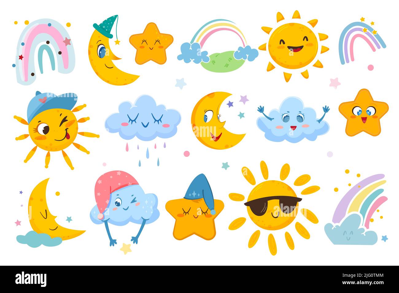 Il tempo è calmo, con sole carino, luna di sonno, arcobaleno colorato, nuvole divertenti e stelle dolci isolate su sfondo bianco. Icone vettoriali adesivi con emozioni felici. Personaggi per bambini. Illustrazione Vettoriale
