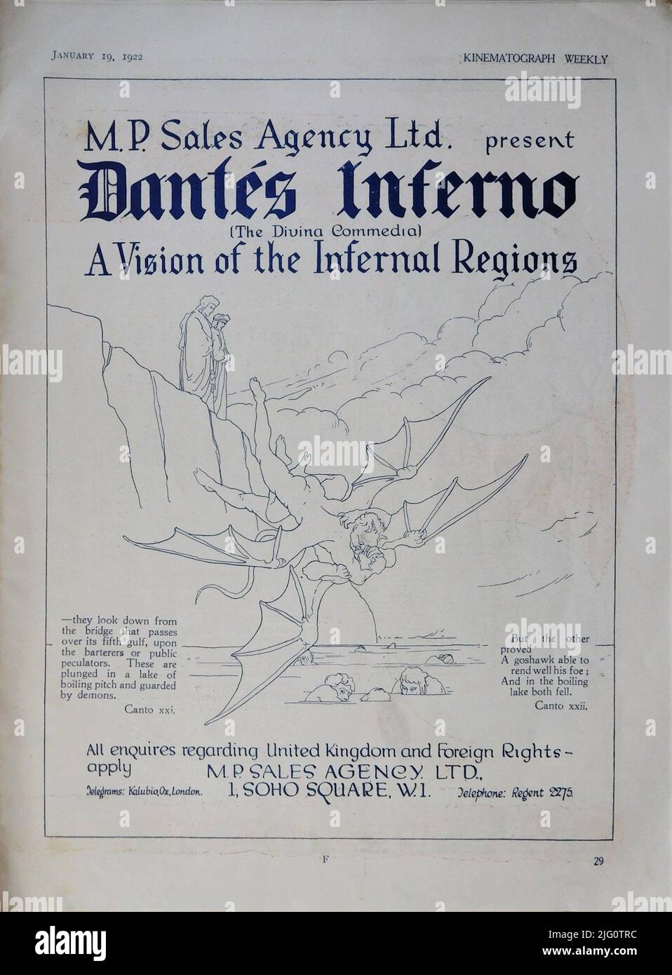 Annuncio commerciale britannico per una rilasci del 1922 dell'INFERNO DI DANTE - Una visione delle regioni infernali 1911 registi FRANCESCO BERTOLINI ADOLFO PADOVAN e GIUSEPPE LIGUORO adattati in modo lasco da la Divina Commedia / la Divina Commedia di Dante Alighiera ispirata alle illustrazioni di Gustave Dore Milano Film / SAFFI-Comerio / M.P. Sales Agency Ltd. (Regno Unito) Foto Stock