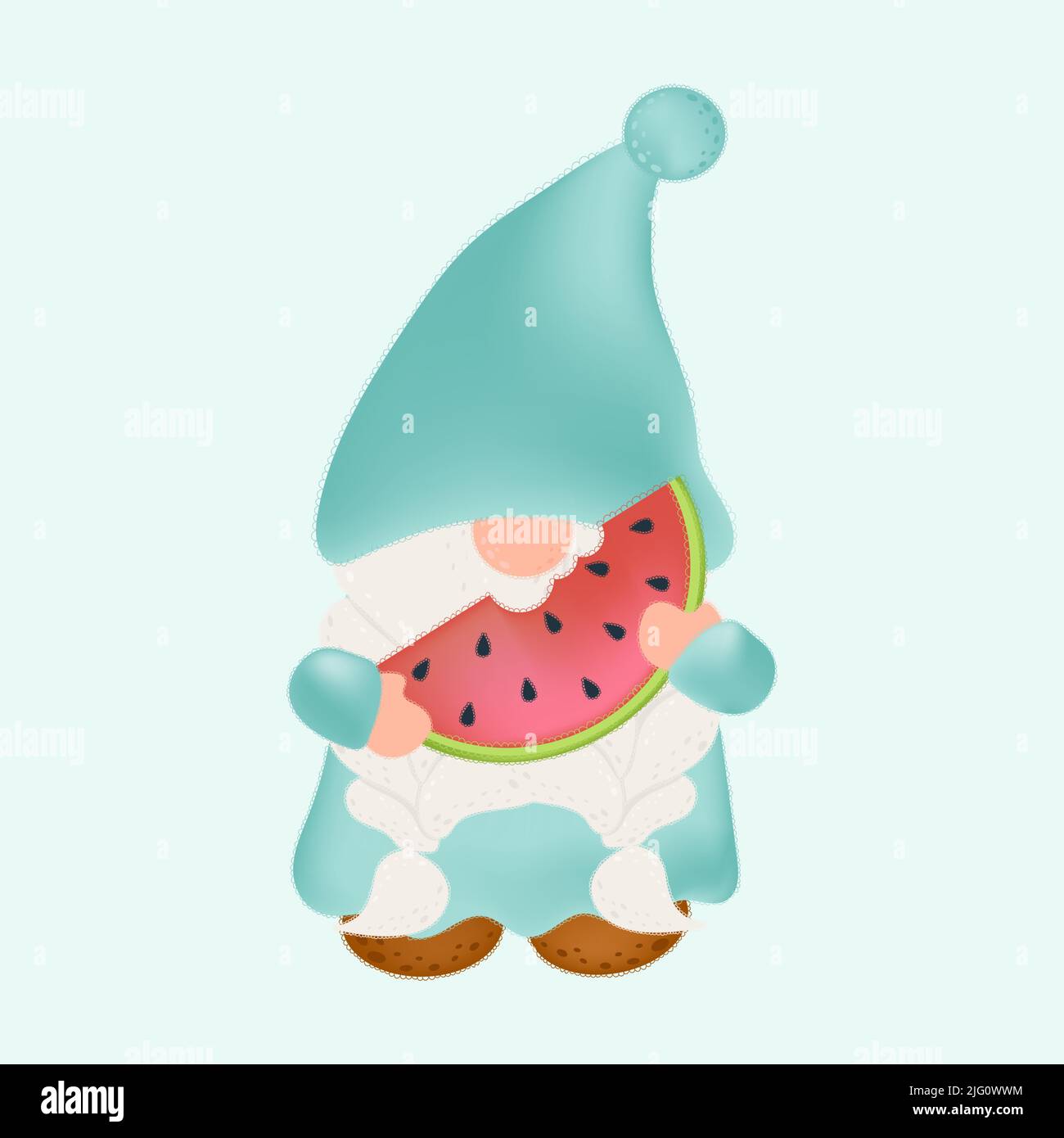 Cute Clipart Gnome Illustrazione in stile Cartoon. Cartoon clip Art Gnome con una fetta di Watermelon. Illustrazione vettoriale di un carattere per adesivi Illustrazione Vettoriale