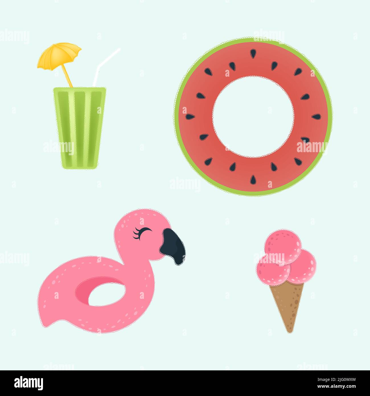 Cute Clipart Summer Elements Illustrazione in stile Cartoon. Adorabile clip Art elementi estivi. Illustrazione vettoriale di un elemento per adesivi, stampe Illustrazione Vettoriale