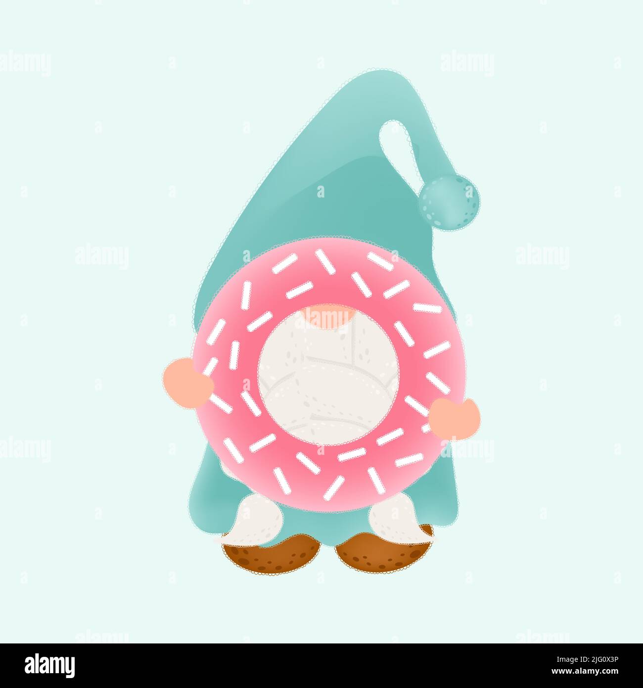 Cute Gnome Clipart per le vacanze e le merci dei bambini. Felice clip Art Gnome con una grande Donut. Illustrazione vettoriale di un carattere per adesivi, stampe per Illustrazione Vettoriale