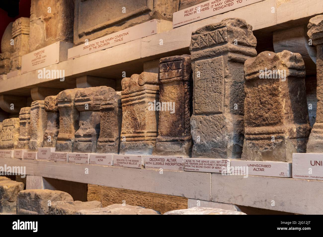 Altari romani al museo di Chesters Roman Fort, Northumberland, Inghilterra Foto Stock