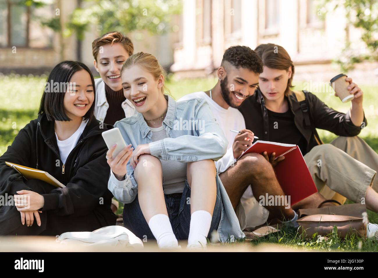Sorridenti studenti interrazziali che guardano lo smartphone vicino agli amici con notebook sul prato nel parco Foto Stock