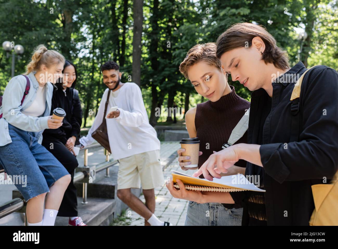 Gli studenti che guardano il notebook vicino a amici multietnici sfocati con caffè e smartphone nel parco Foto Stock