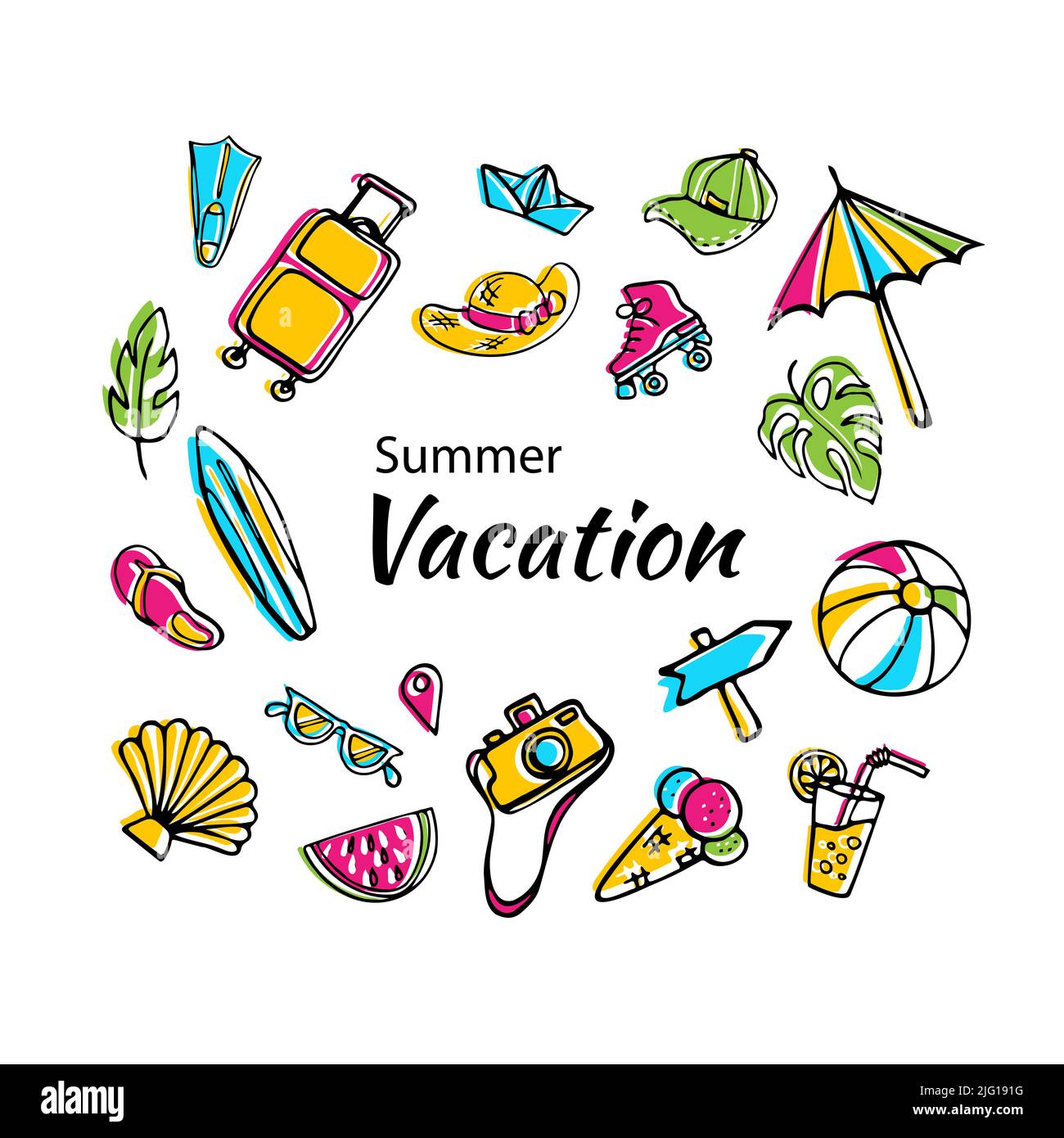 Vacanze estive Doodle clipart. Oggetti colorati di schizzo Illustrazione Vettoriale