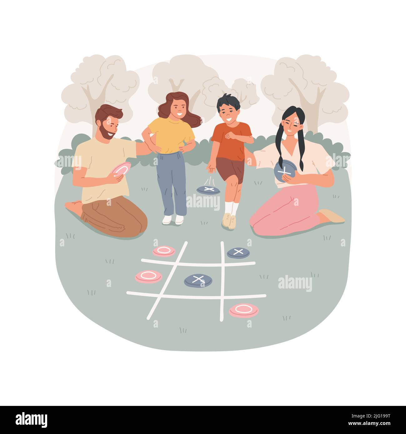 Frisbee Tic Tac Toe illustrazione vettoriale di cartoni animati isolati. Divertimento picnic attività, famiglia giocando tic tac gioco punta, gettando frisbee su griglia disegnata su erba, i genitori giocare con bambini vettore cartone animato. Illustrazione Vettoriale