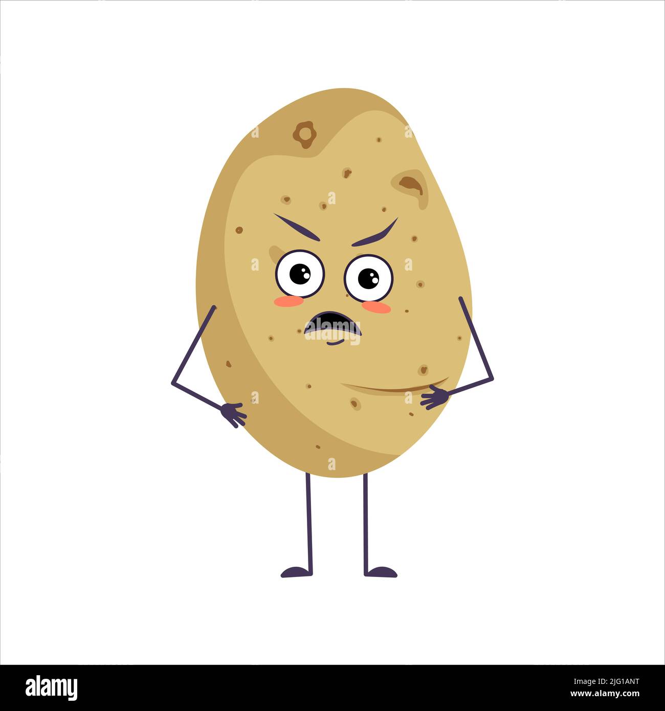 Simpatico personaggio di patate con emozioni arrabbiate, viso, braccia e gambe. Il divertente o grumpy cibo eroe, verdure. Illustrazione piatta vettoriale Illustrazione Vettoriale