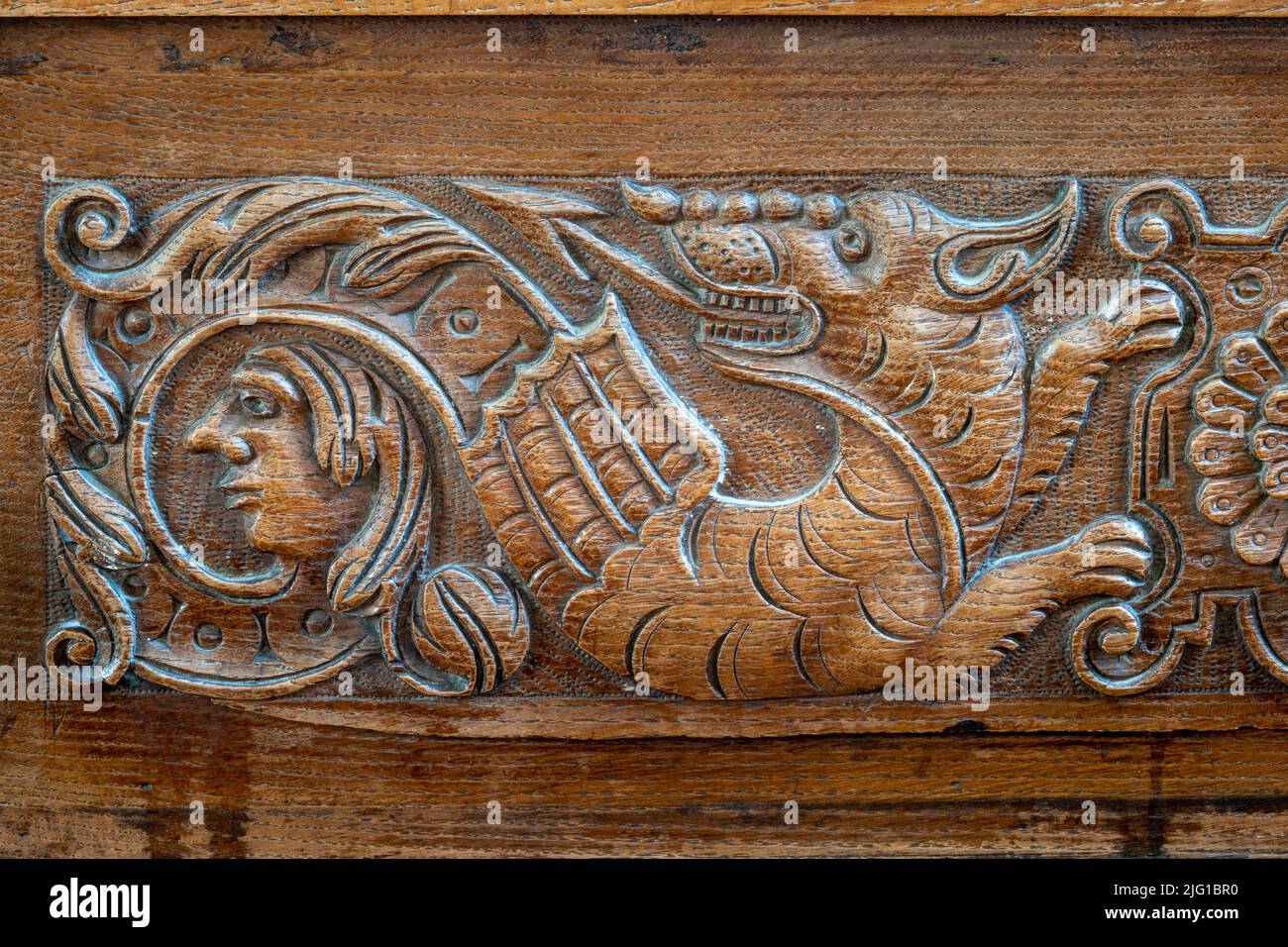 Pannelli decorativi con intaglio sul dorso della zampa in All Saints Church, Laxfield, Suffolk Foto Stock