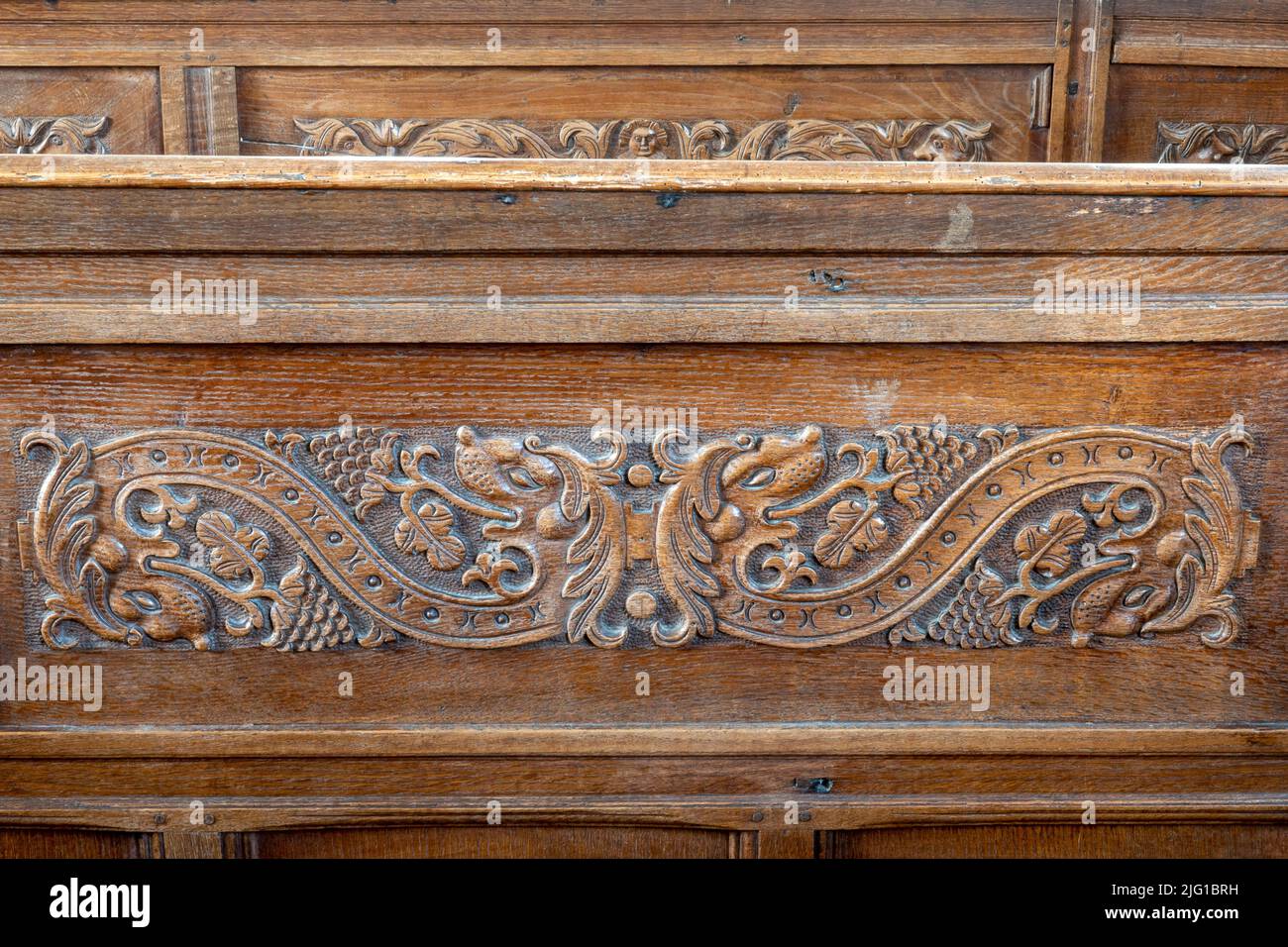 Pannelli decorativi con intaglio sul dorso della zampa in All Saints Church, Laxfield, Suffolk Foto Stock