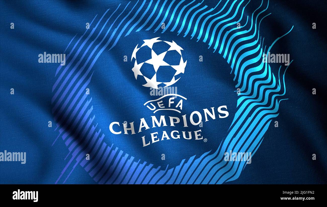 Bandiera di sventolamento astratta della UEFA Champions League. Movimento. Bandiera rippling realistica, concetto di sport. Solo per uso editoriale Foto Stock