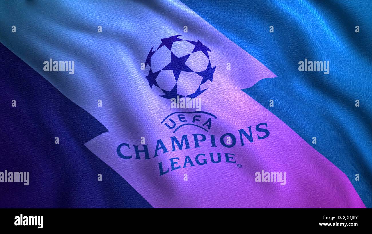 Bandiera di sventolamento astratta della UEFA Champions League. Movimento. Bandiera rippling realistica, concetto di sport. Solo per uso editoriale Foto Stock