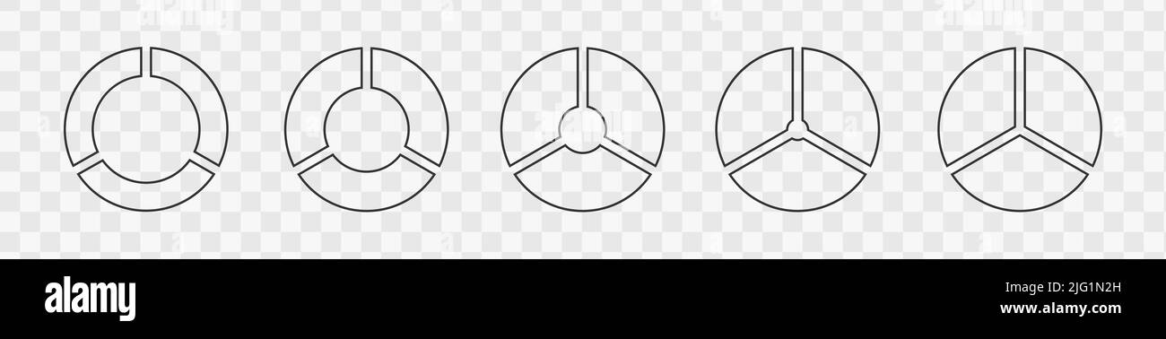 Delineare i grafici di ciambella segmentati su 3 parti uguali. Set di ruote infografiche diviso in tre sezioni. Diagrammi rotondi o barre di caricamento isolate su sfondo trasparente. Illustrazione grafica vettoriale Illustrazione Vettoriale