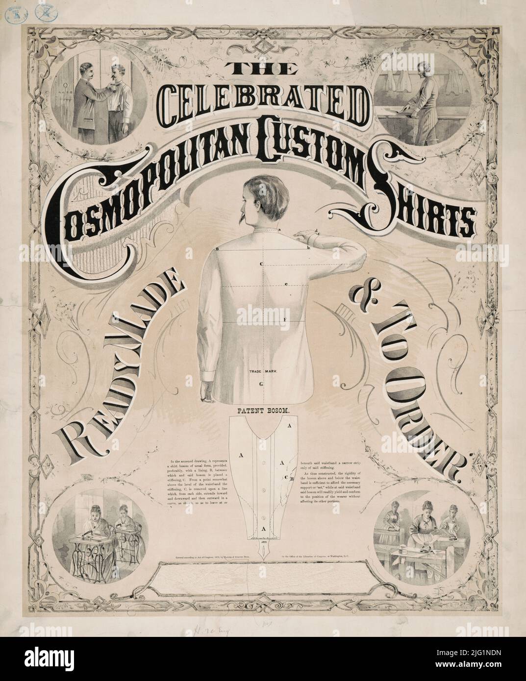 1873 Annuncio per le celebri Camicie Cosmopolitan Custom, pronte su ordinazione. Litografia di Baxter & Scriven Bros Foto Stock