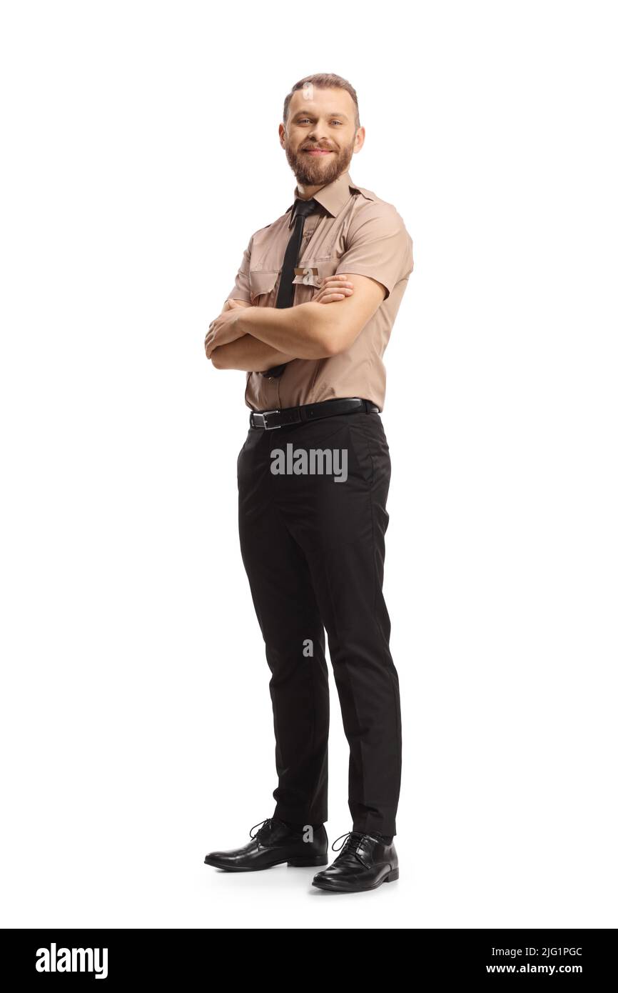 Ritratto a tutta lunghezza di una guardia di sicurezza in posa con le braccia incrociate e sorridente isolato su sfondo bianco Foto Stock
